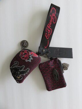 (#132) Ed Hardy 2 Multicolor mini wristlet wallet Zippered Keychain